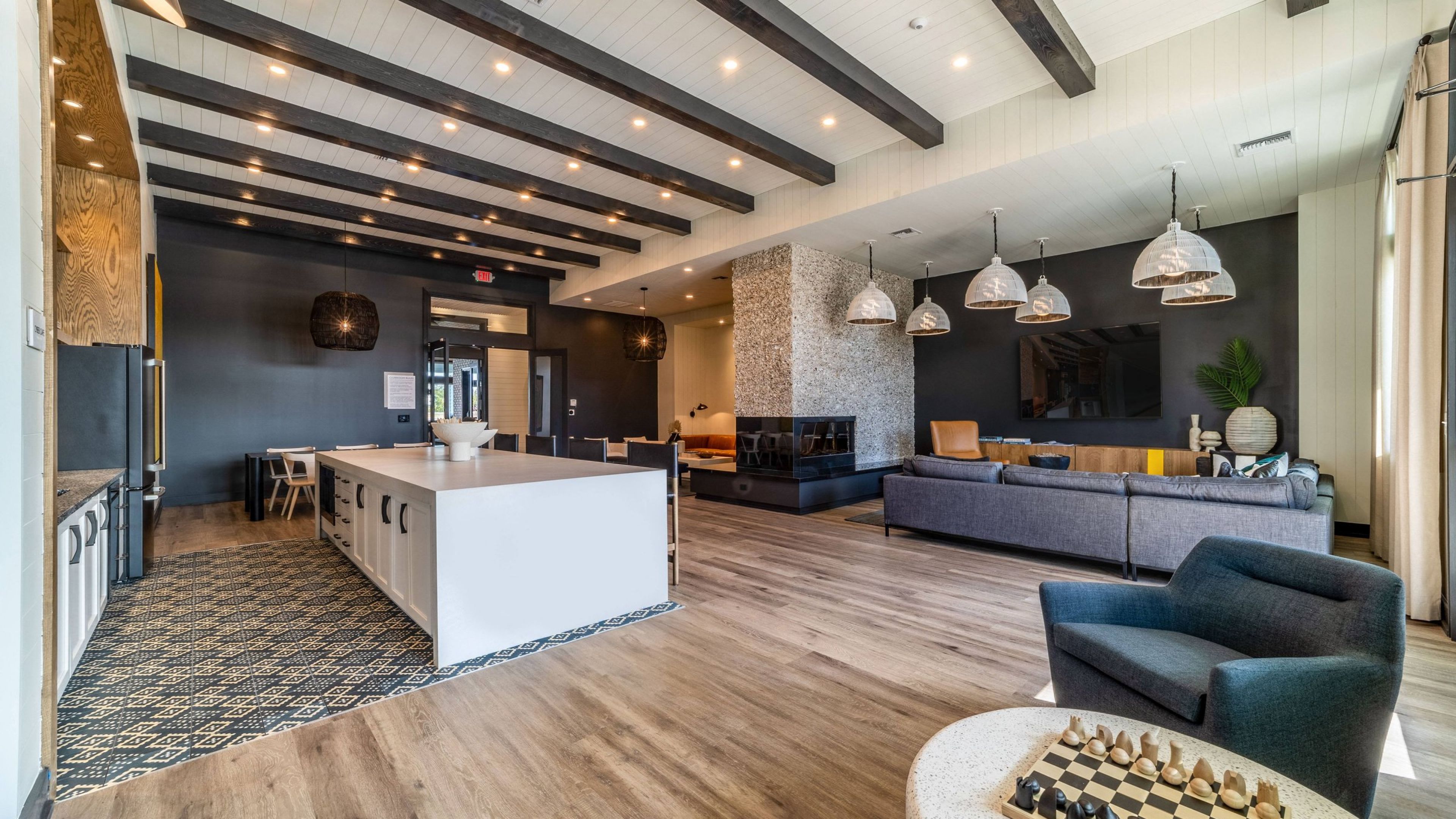 Hawthorne at The Mill beautiful leasing office with plethora of seating and kitchen area